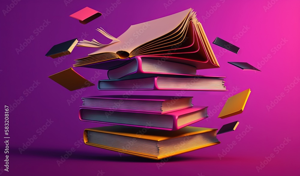  a stack of books with flying books on top of it in a purple and pink background with a pink and pur