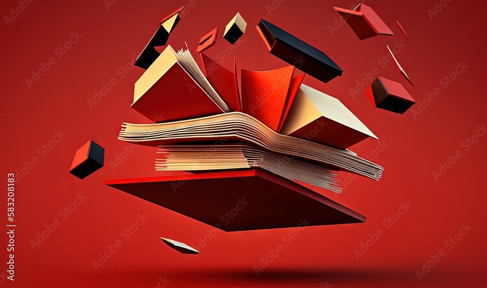  a book flying through the air with a red background and a red background with a red background and 