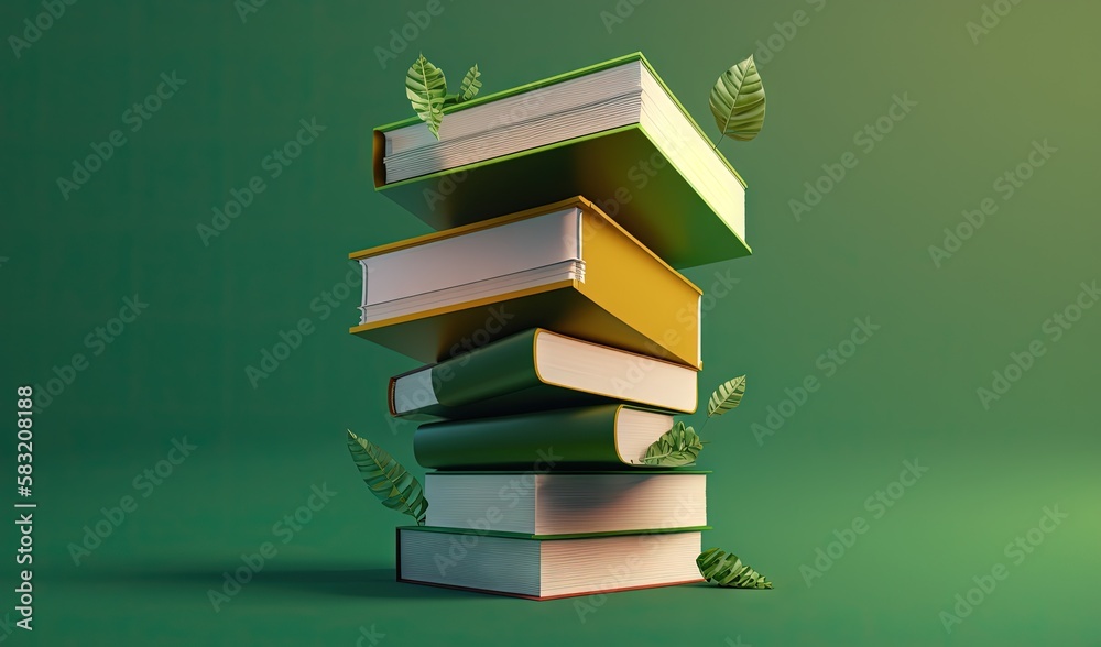  a stack of books with a leaf on top of them on a green background with a green background and a gre