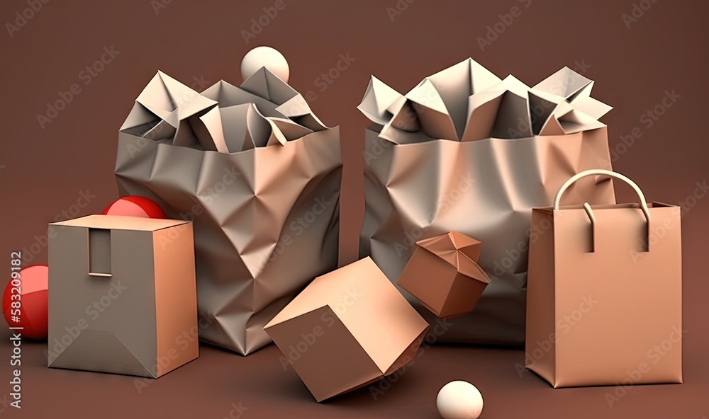  a group of bags and a ball on a brown background with a brown background and a white ball in the mi