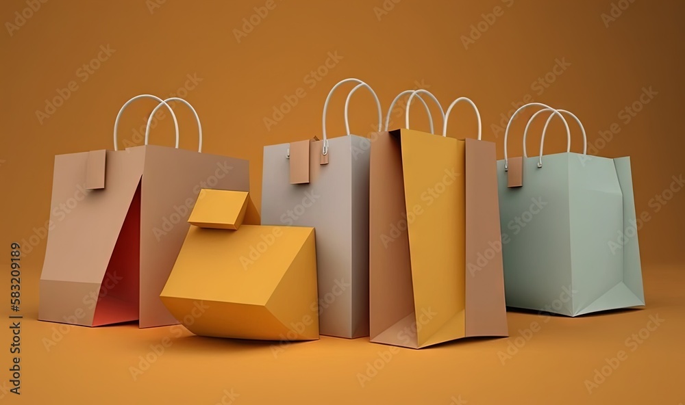  a group of shopping bags sitting on top of a brown table next to each other on a yellow background 