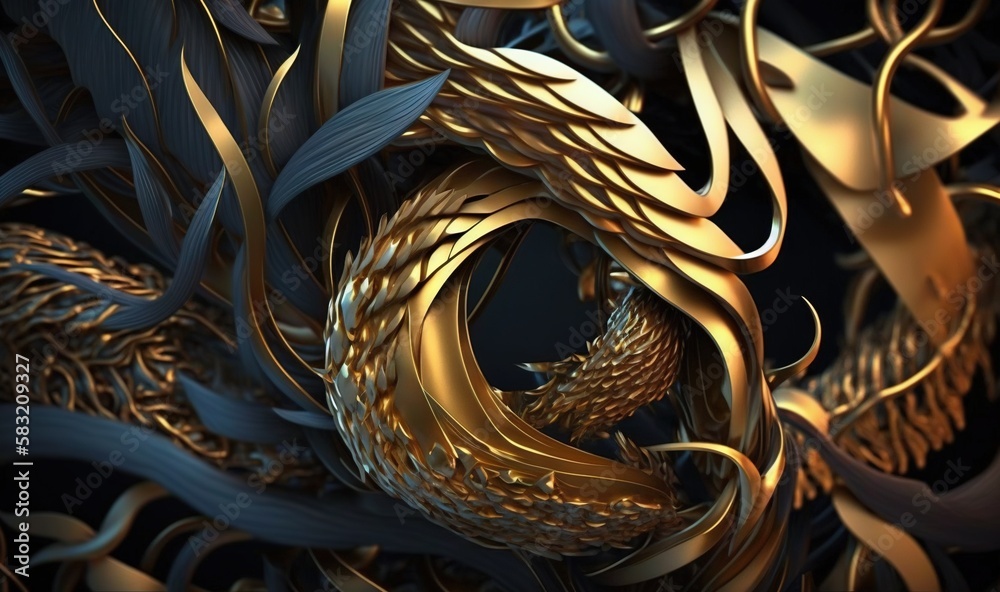  a computer generated image of a gold and black dragon with large wings and a tail, on a black backg