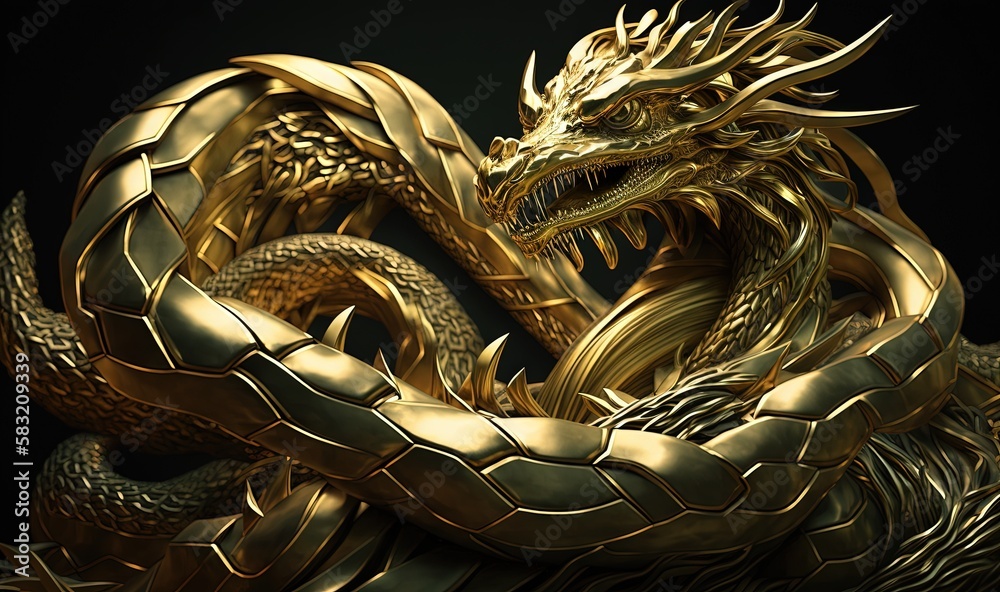  a golden dragon statue sitting on top of a black surface next to a black background with a black ba