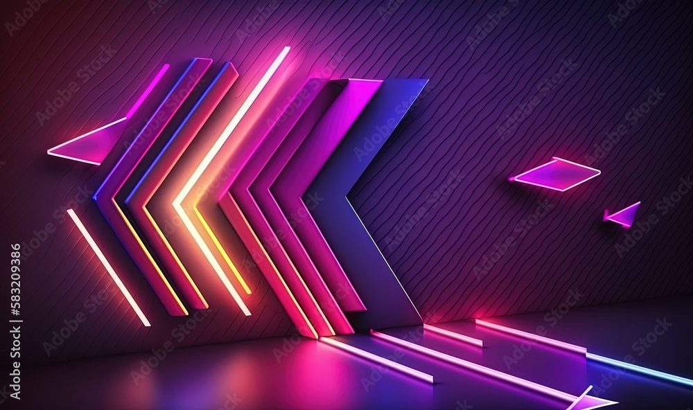  a colorful neon background with a line of neon lights and a dark background with a geometric shape 