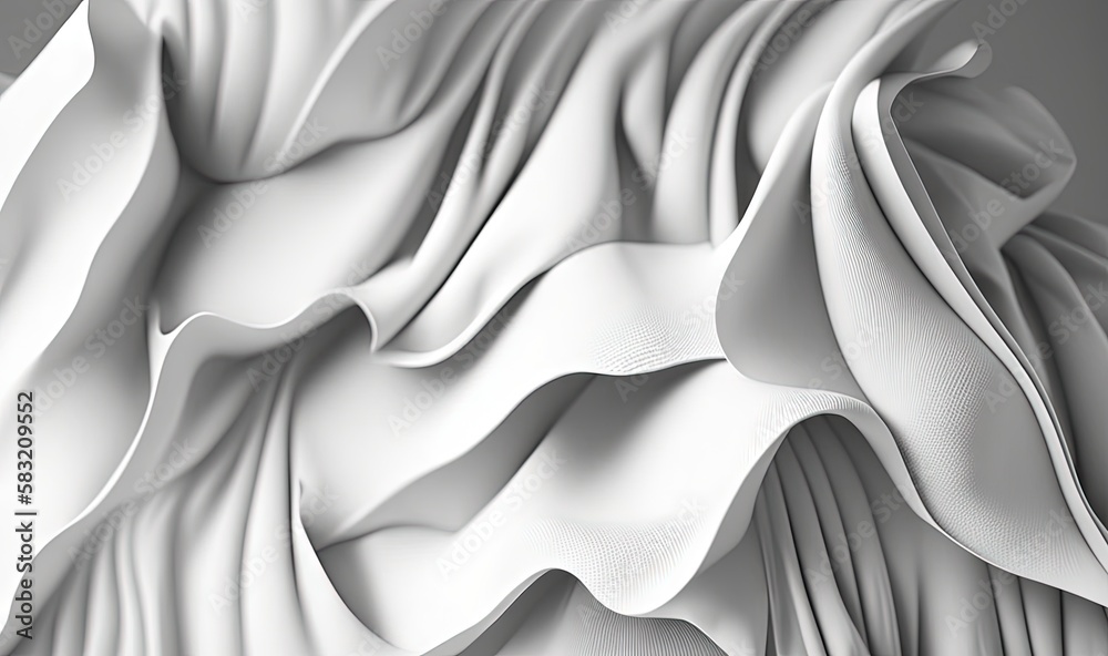  a white fabric with wavy folds on its side and a gray background with a black and white image of a