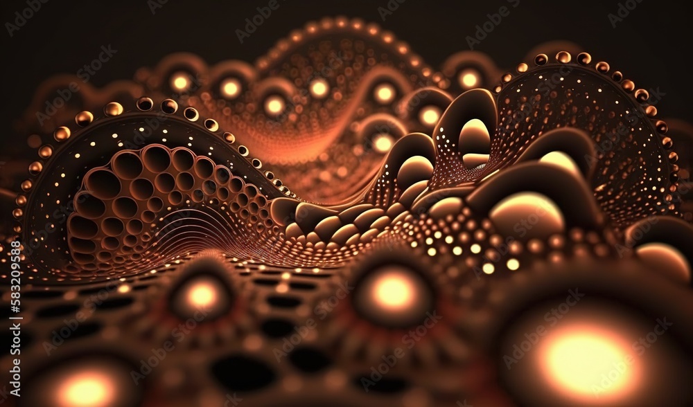  a computer generated image of a group of balls and a wave of light on a black background with a red