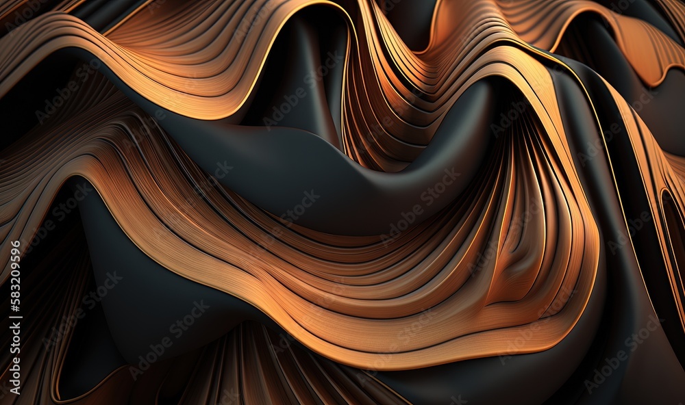  a computer generated image of a wave of gold and black material with a black background and a black