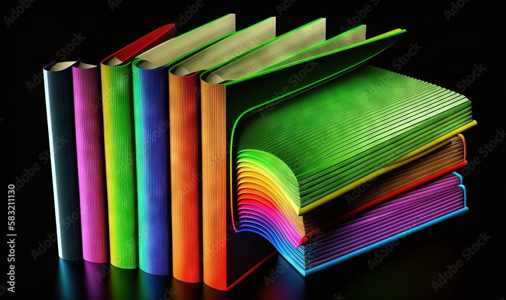  a stack of colorful books sitting next to each other on a black background with a black background 