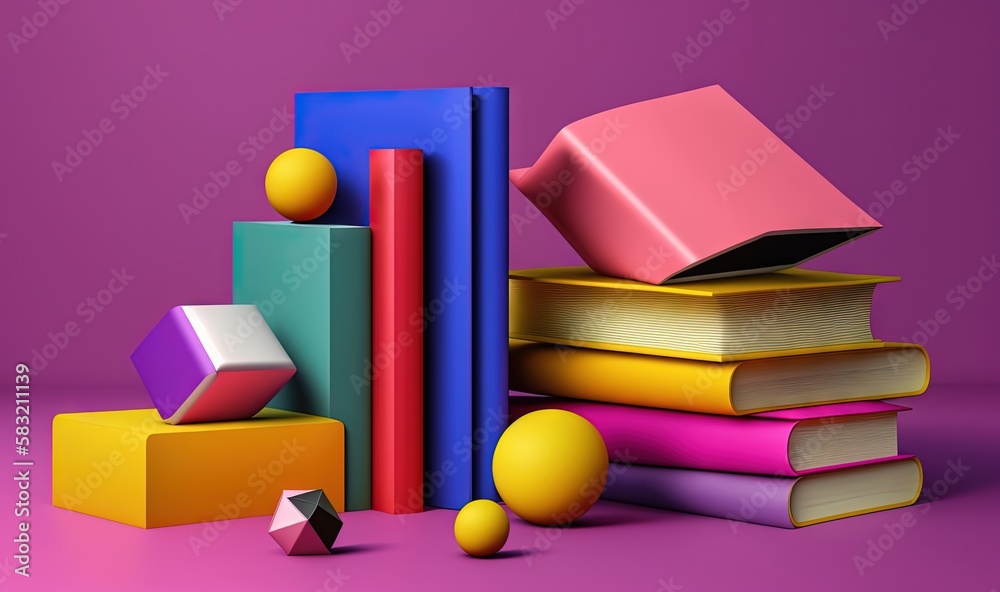  a stack of books and a cube on a purple background with a yellow ball in the middle of the stack an