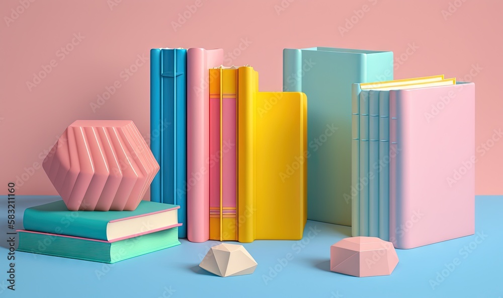  a group of books sitting on top of a blue table next to a pink and yellow bookends and a pink and b