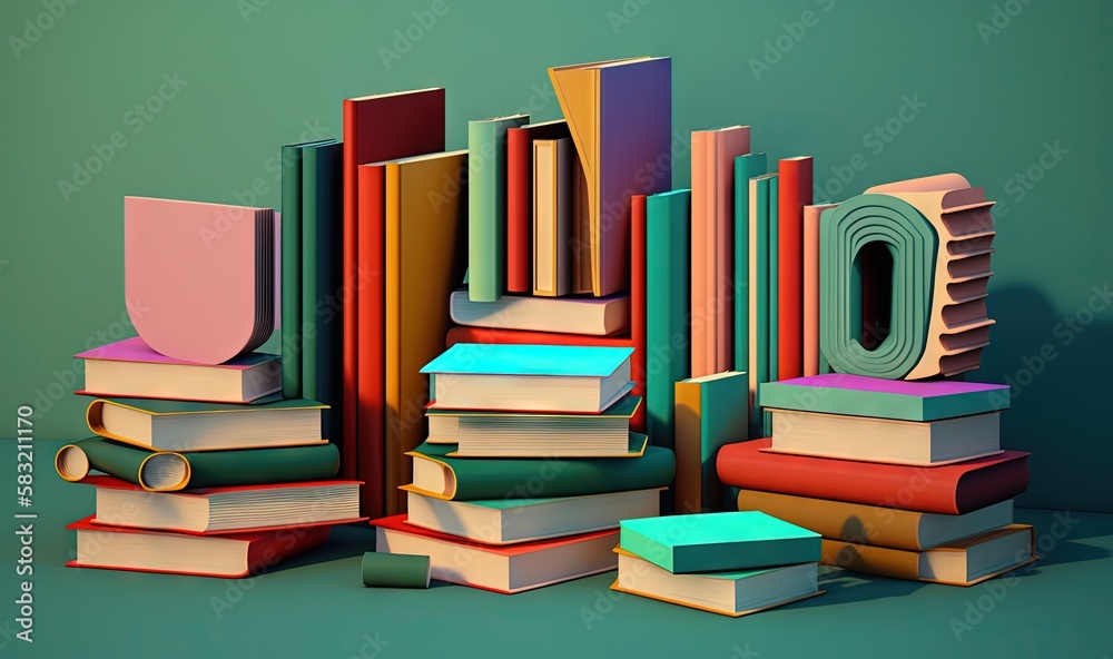  a pile of books sitting next to each other on top of a green surface with a green wall behind it an