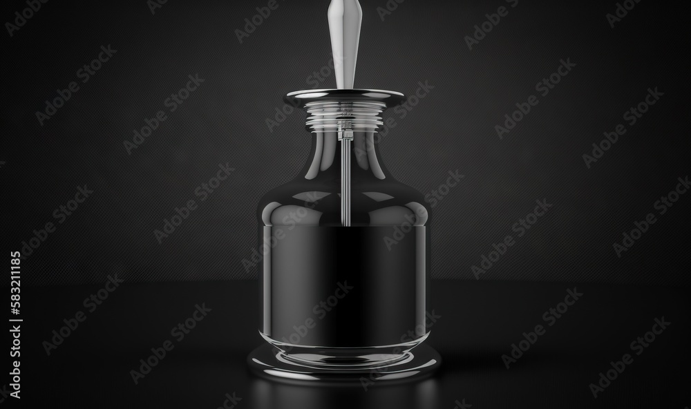  a black bottle with a silver top and a silver spoon in the top of it on a black surface with a blac