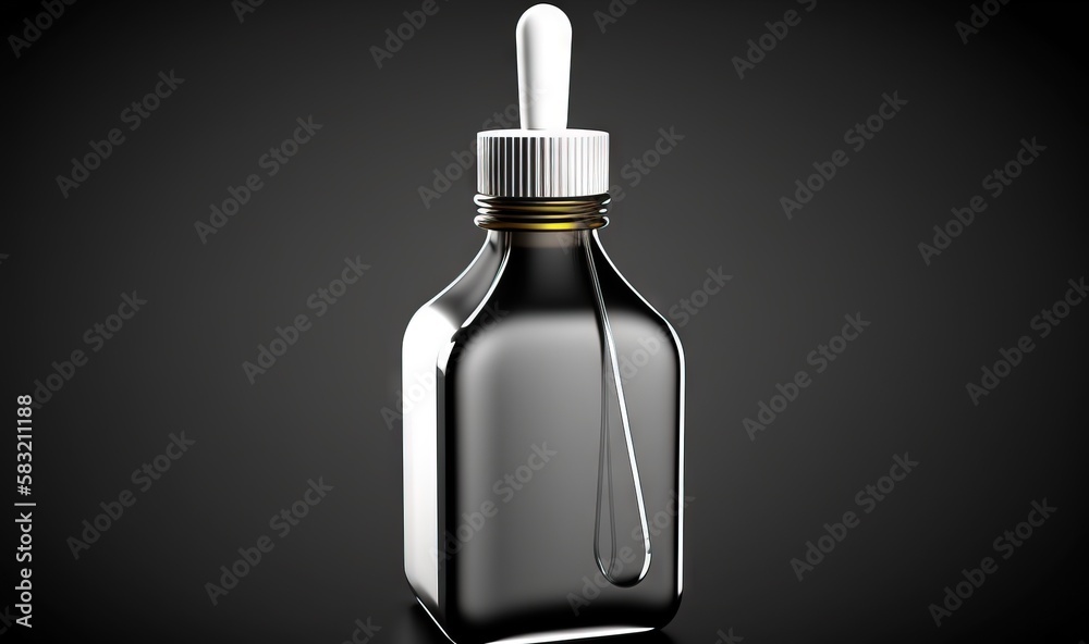  a glass bottle with a dropper and a white cap on a black background with a dropper on the top of th