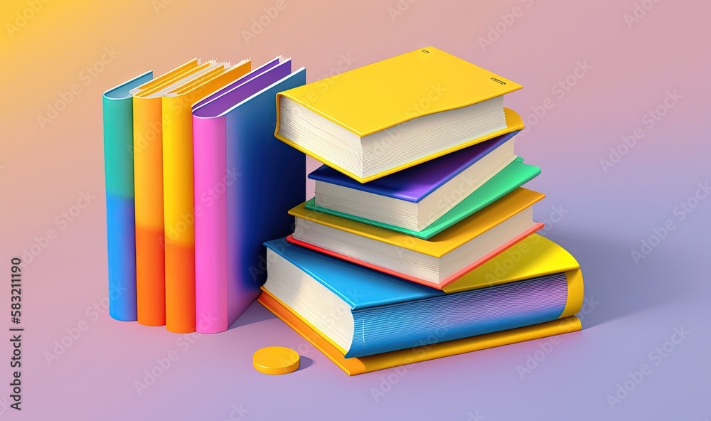  a stack of books sitting next to each other on a pink and blue background with a yellow circle in t