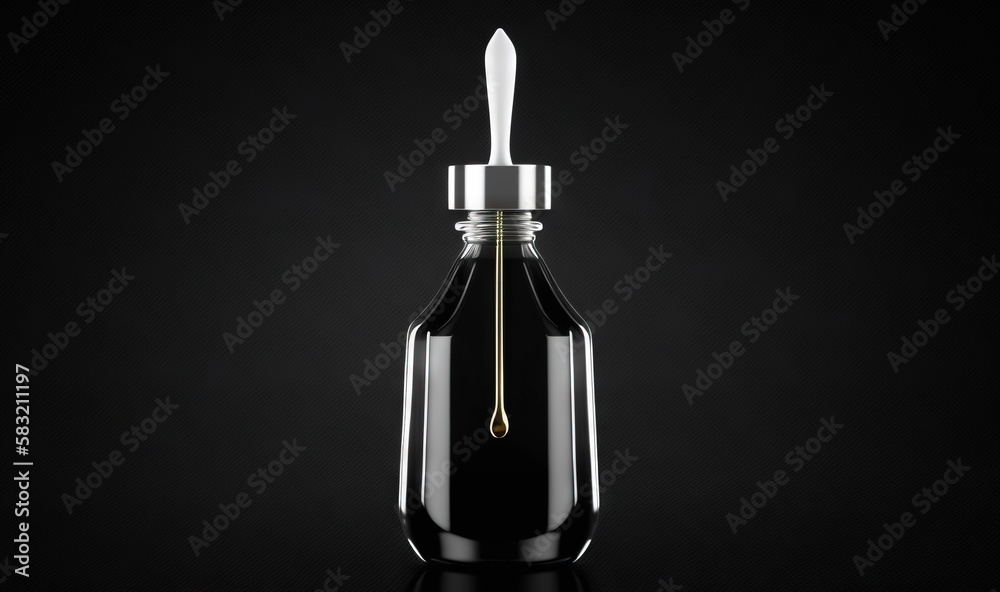  a bottle of ink with a gold tip on a black surface with a reflection of the ink bottle in the botto