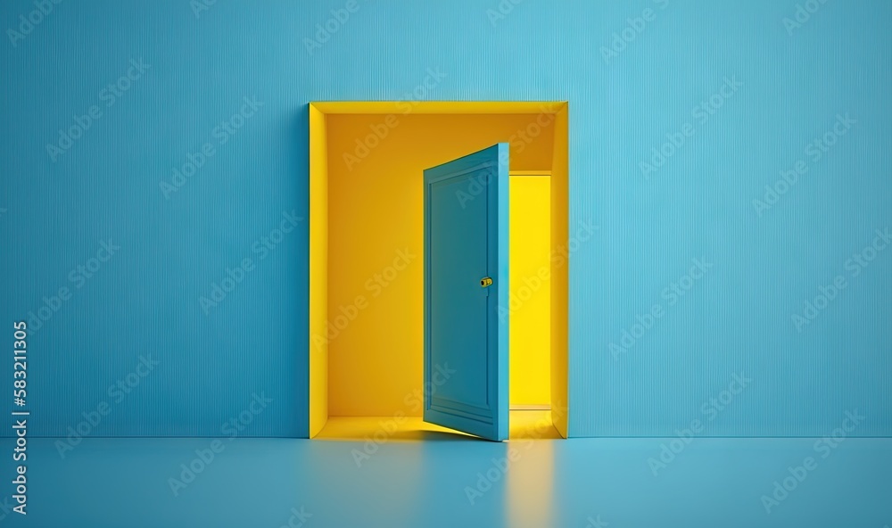  an open door in a blue wall with a yellow shelf in the middle of the room and a blue wall in the ba