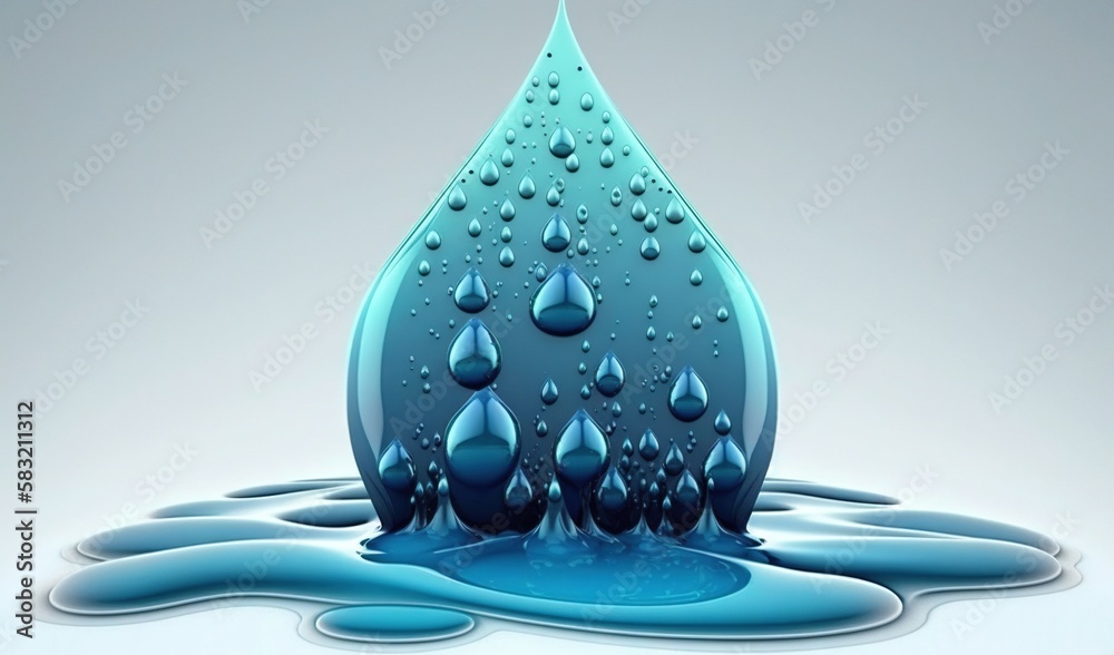  a blue drop of water with drops of water on the bottom and bottom of the drop, with a light gray ba