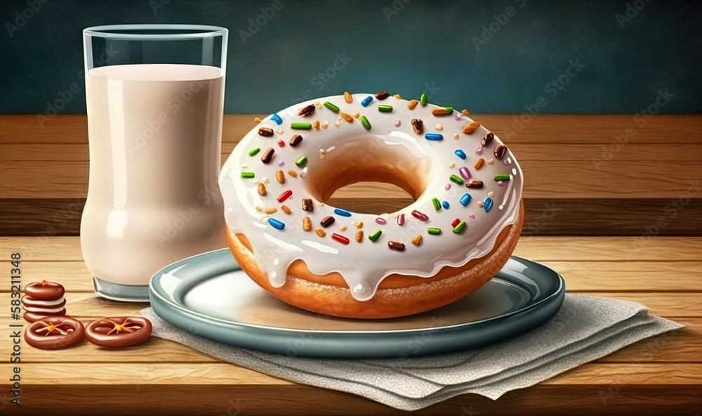  a donut sitting on a plate next to a glass of milk and a plate of pretzels on a wooden table with n