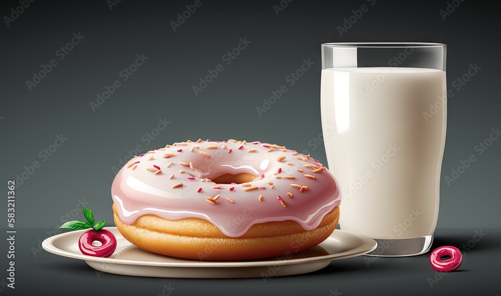  a donut and a glass of milk on a plate next to a glass of milk on a tablecloth on a dark surface wi