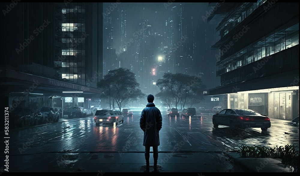  a man standing on a city street at night with a car in the rain and buildings in the background, wi