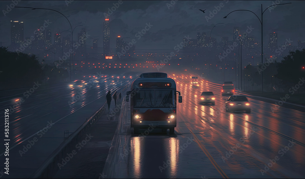  a bus driving down a rain soaked street at night with traffic lights on its sides and a city skyli