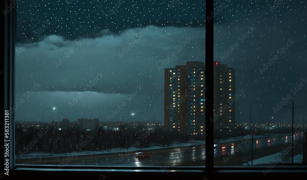  a window view of a city at night with rain falling on the ground and a building lit up at night wit