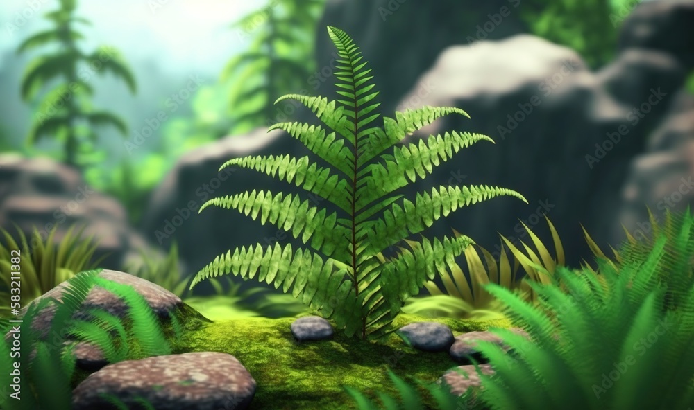  a green plant with rocks and grass in the foreground and a mountain in the background with rocks an