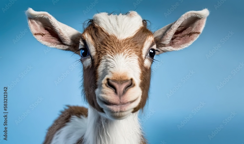  a close up of a goat with a blue sky in the background of its head and a blue background behind it