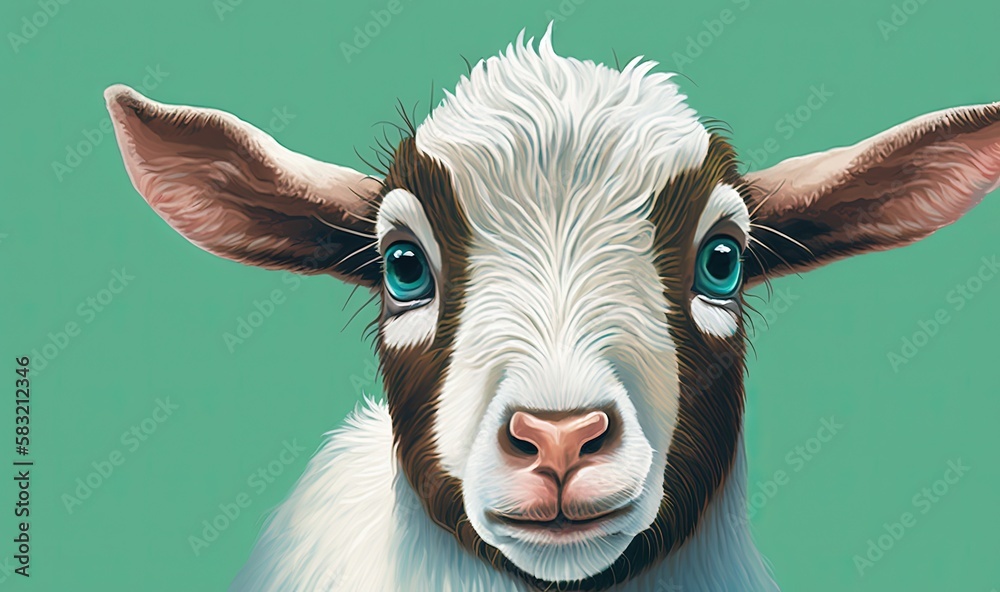  a close up of a goats face with blue eyes and a brown and white goats head on a green background 