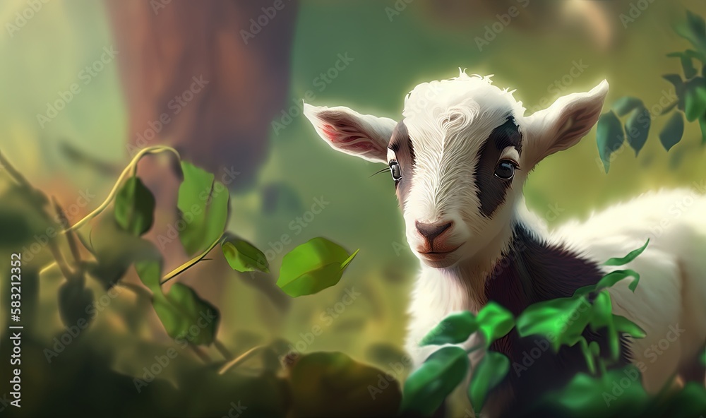  a painting of a baby goat in a forest looking at the camera with a sad look on its face and a green