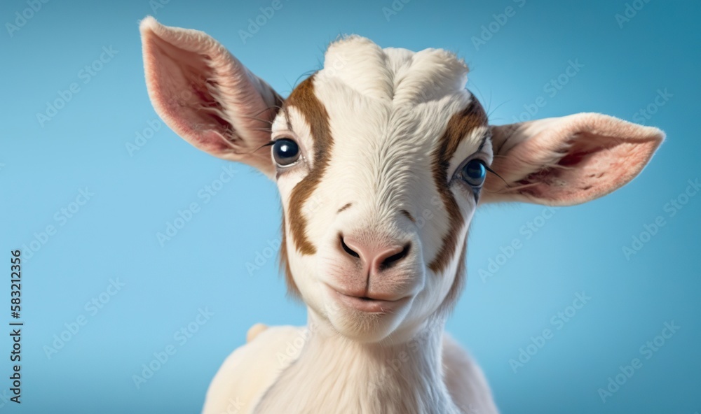  a close up of a goats face with a blue sky in the backgrouf of the image behind it is a goats hea