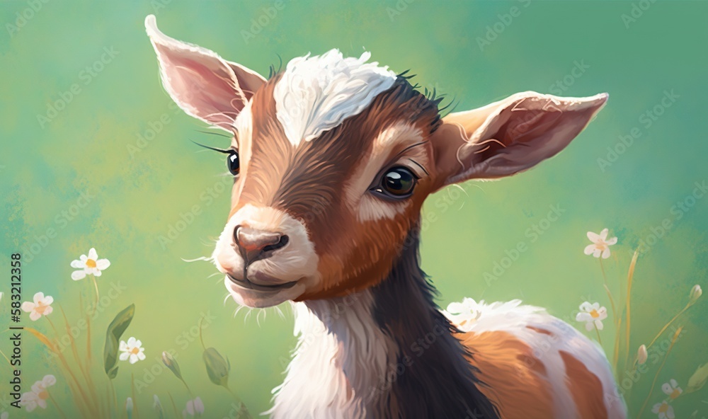  a painting of a baby goat in a field of daisies with a green background and white daisies in the fo