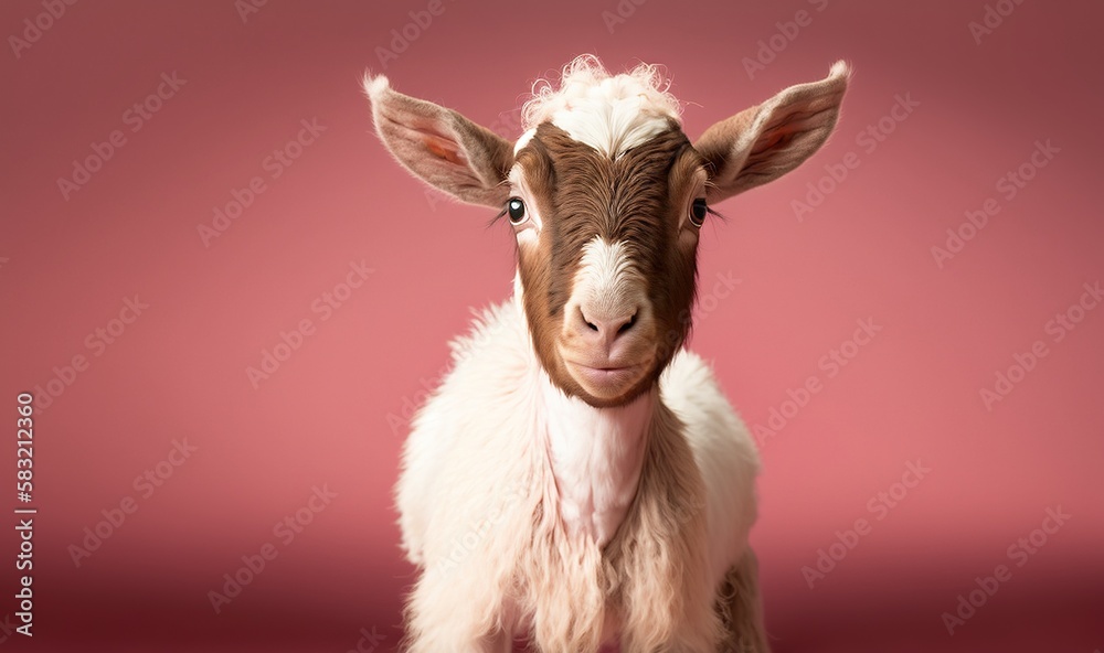  a brown and white goat standing on a pink background with a surprised look on its face and head, wi