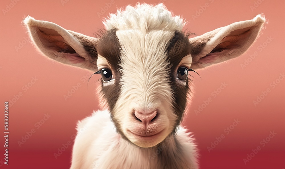  a close up of a goats face with a red background behind it and a pink background behind it, with a