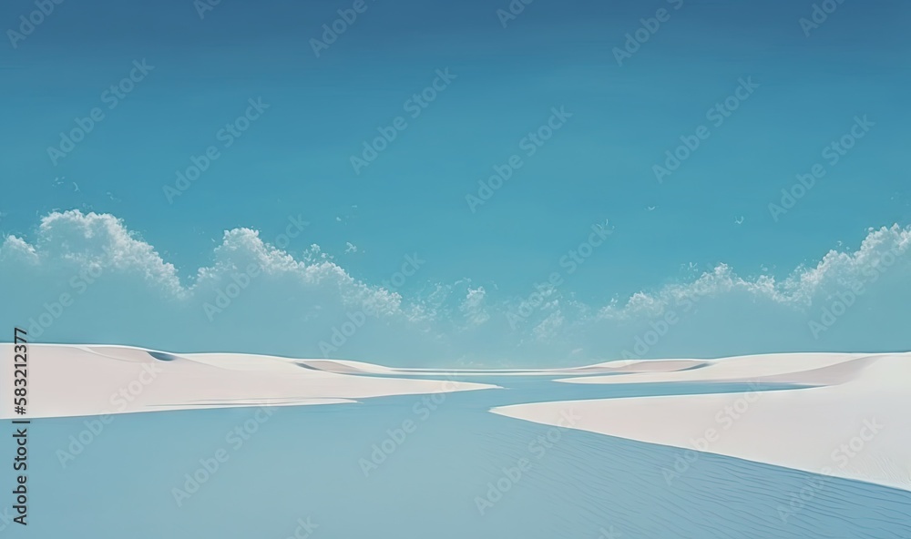  a painting of a desert landscape with a blue sky in the background and white clouds in the sky over