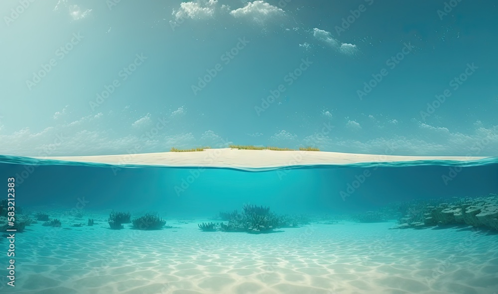  an underwater view of a sandy beach with a small island in the middle of the water and a few fish s