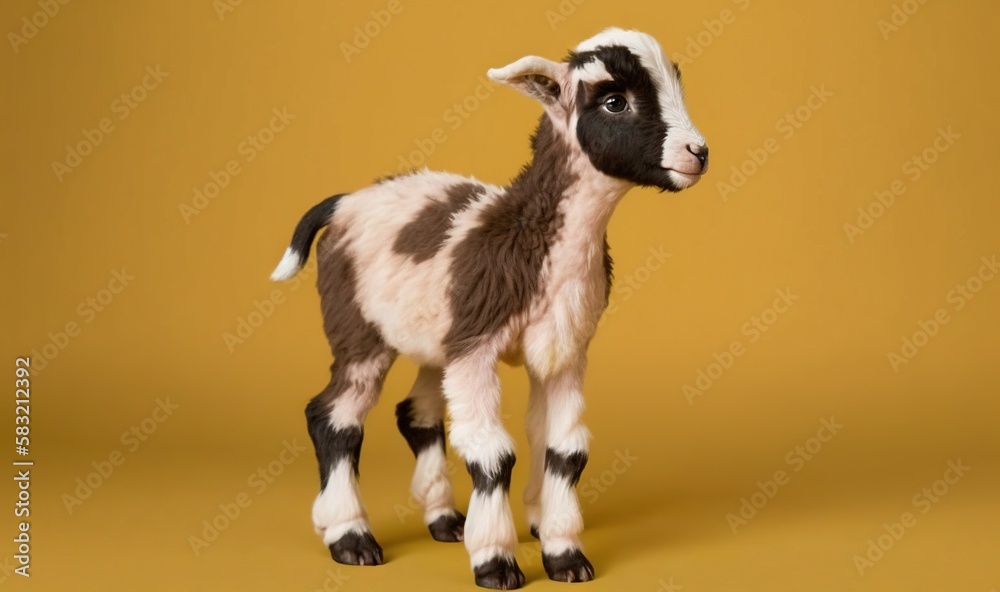  a baby goat standing on top of a brown and white floor next to a yellow wall and a black and white 