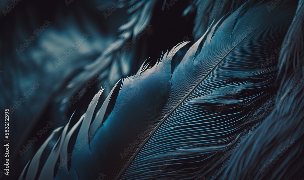  a close up of a blue feather on a black background with a blurry image of the feathers and the back