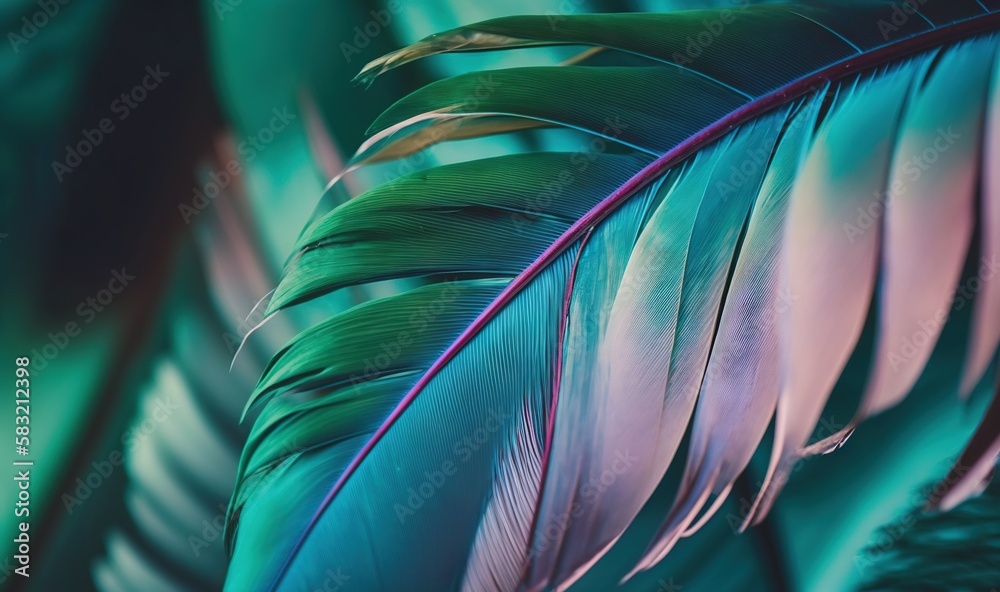  a close up of a green and pink feather with a blurry back drop of color on the feathers of the feat