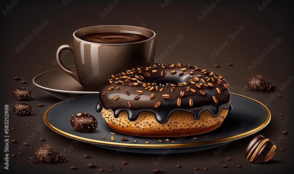  a chocolate donut and a cup of coffee on a plate with chocolate candies on the side of the plate an