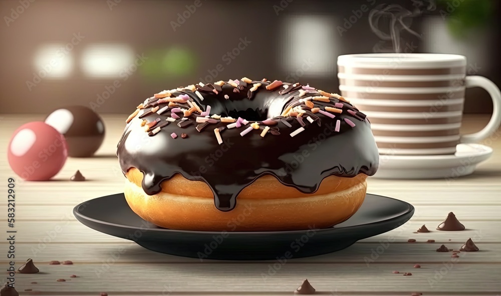  a donut with chocolate icing and sprinkles on a plate with a stack of coffee mugs in the back groun