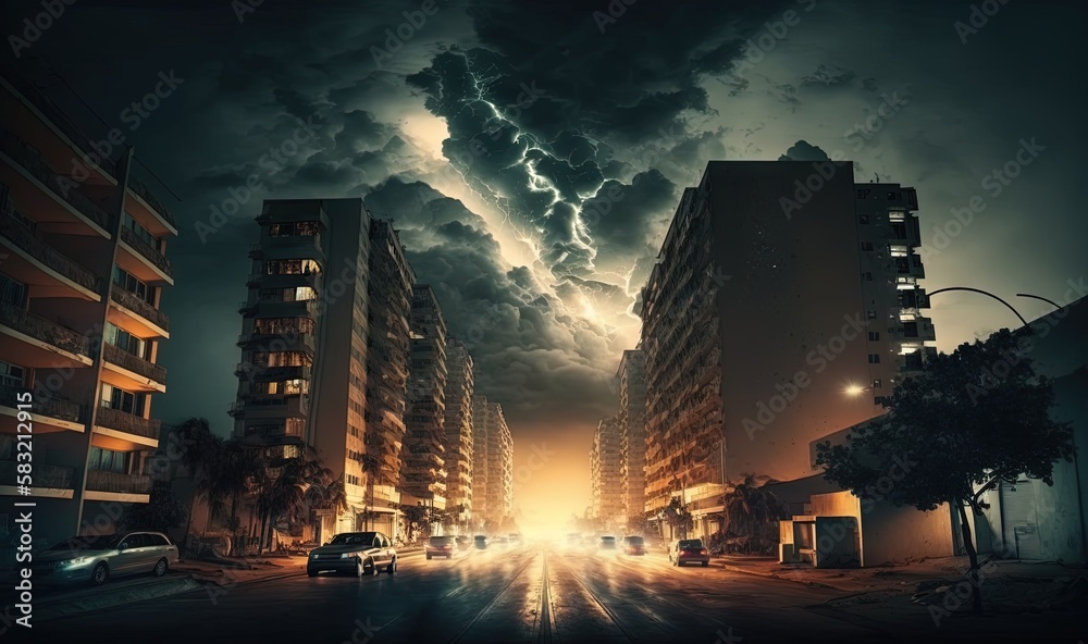  a city street with cars driving under a lightning storm in the sky and buildings on either side of 