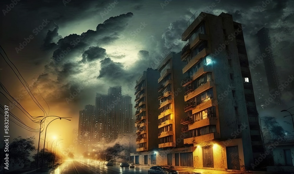  a city street at night with a very tall building in the foreground and a lot of dark clouds in the 