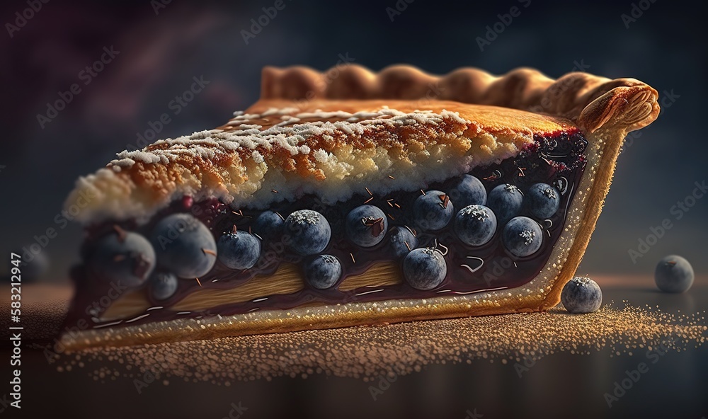  a piece of pie with blueberries and icing on top of a wooden table with blueberries on top of the p