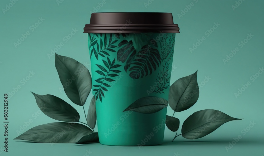  a cup of coffee with leaves around it on a green background with a brown lid and a black cap on the