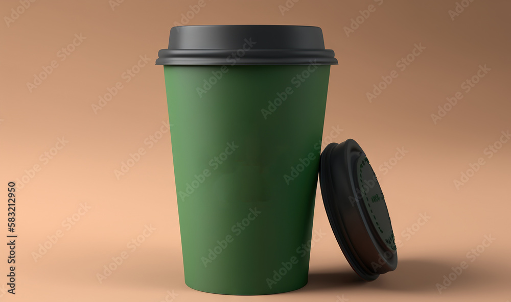  a green coffee cup with a black lid and a black lid on a brown background with a black lid and a bl