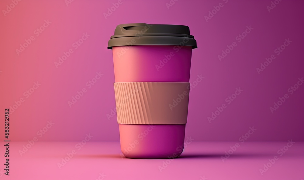  a cup of coffee with a lid on a purple background with a pink and pink background and a black lid o