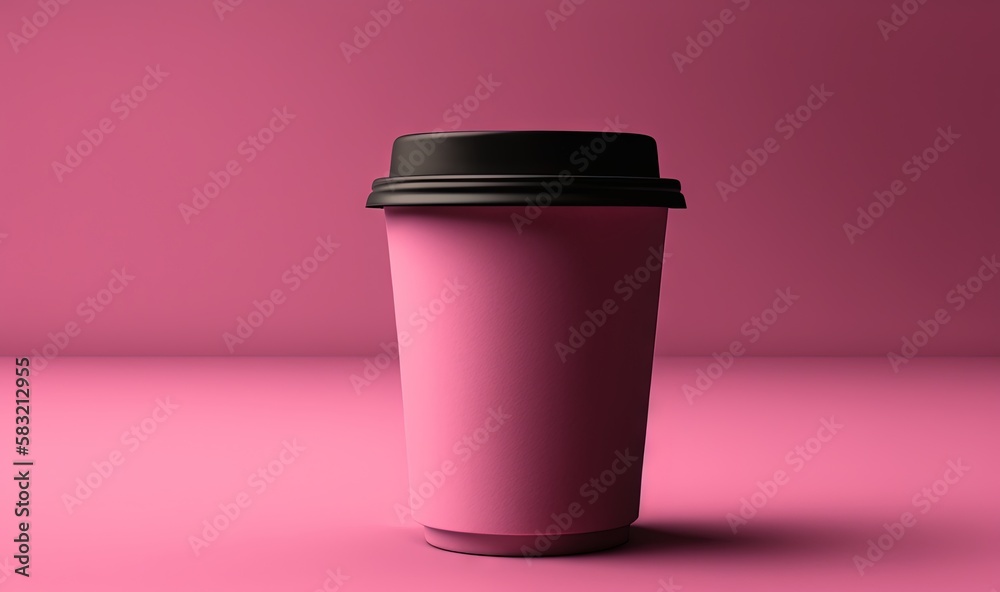  a pink coffee cup with a black lid on a pink background with a shadow of a coffee cup in the middle