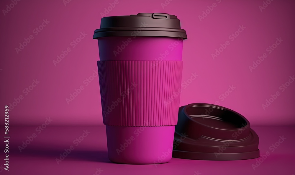  a pink coffee cup next to a brown coffee cup on a pink background with a lid on the side of the cup