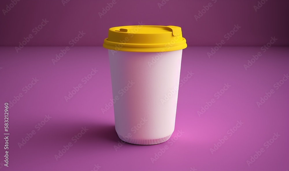  a white coffee cup with a yellow lid on a purple surface with a shadow of a person standing next to